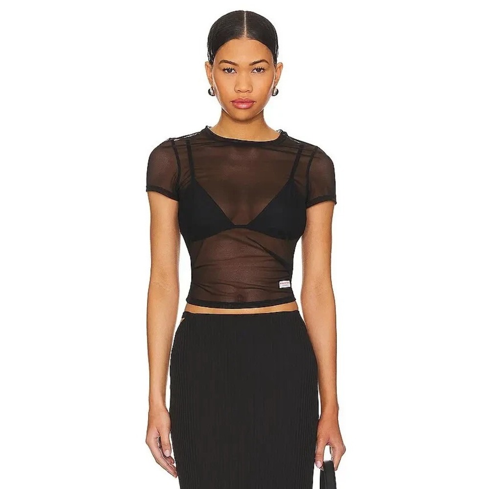 NWT Alexander Wang Bodywear Top Black Sheer Mesh Short Sleeve Bodycon Tee sz. M